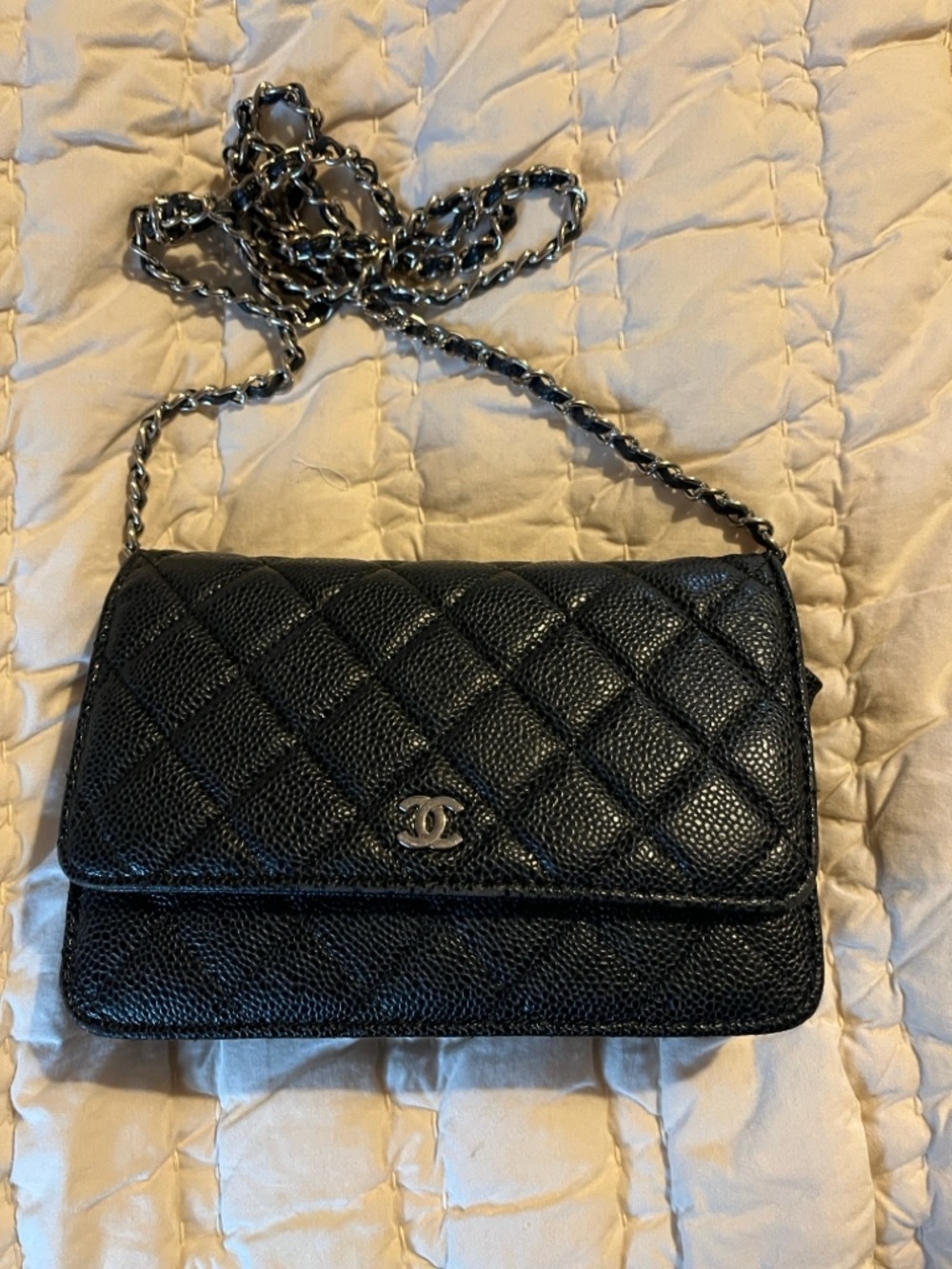 Black Quilted Caviar Leather Chain Crossbody Bag